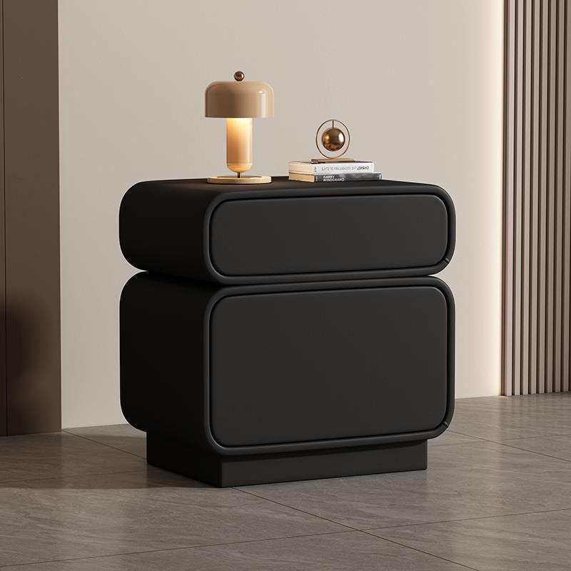 Traditional Chinese Solid Wood Microfiber Leather Rounded Square Nightstand 2 Drawers For Bedroom