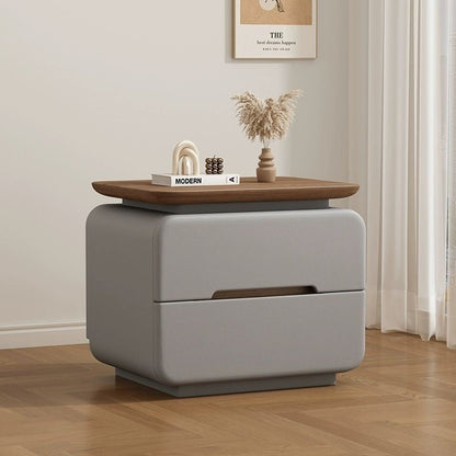 Contemporary Creative Solid Wood Plywood Faux Leather Rounded Square Nightstand 2-Drawer Bedroom