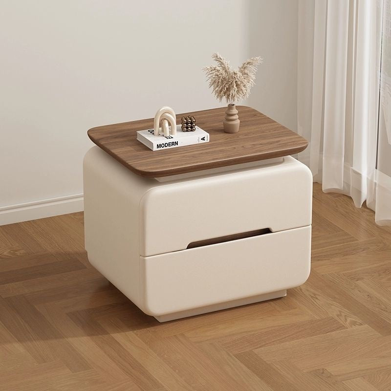 Contemporary Creative Solid Wood Plywood Faux Leather Rounded Square Nightstand 2-Drawer Bedroom