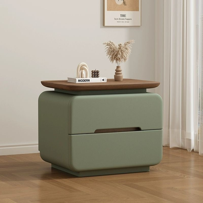 Contemporary Creative Solid Wood Plywood Faux Leather Rounded Square Nightstand 2-Drawer Bedroom