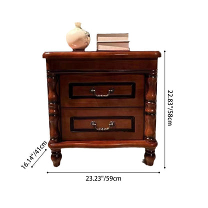 Traditional Chinese Rubberwood Solid Wood Plywood Fluted Square Nightstand With 2 Drawers For Bedroom