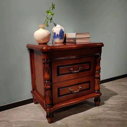 Traditional Chinese Rubberwood Solid Wood Plywood Fluted Square Nightstand With 2 Drawers For Bedroom