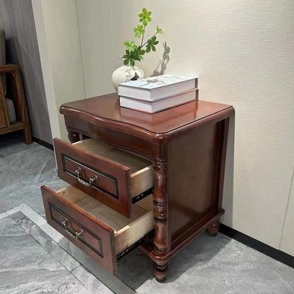 Traditional Chinese Rubberwood Solid Wood Plywood Fluted Square Nightstand With 2 Drawers For Bedroom