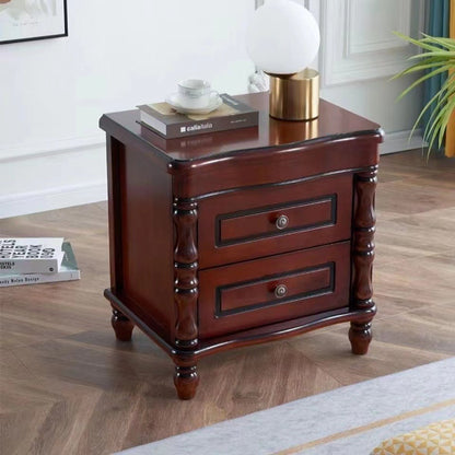 Traditional Chinese Rubberwood Solid Wood Plywood Fluted Square Nightstand With 2 Drawers For Bedroom