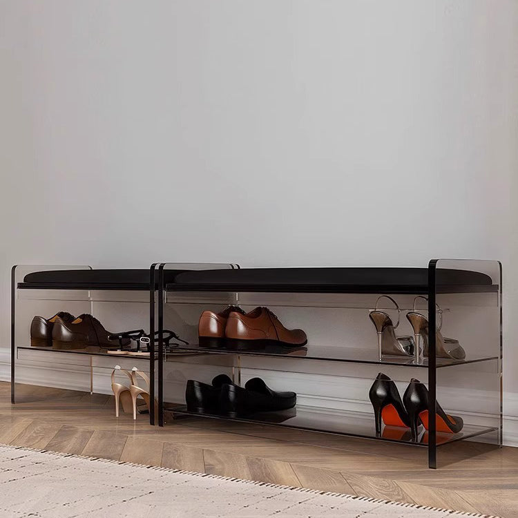 Modern Minimalist Top Grain Leather Acrylic Rounded Rectangular Shoe Bench With 2-Tier For Living Room