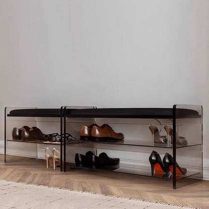 Modern Minimalist Top Grain Leather Acrylic Rounded Rectangular Shoe Bench With 2-Tier For Living Room