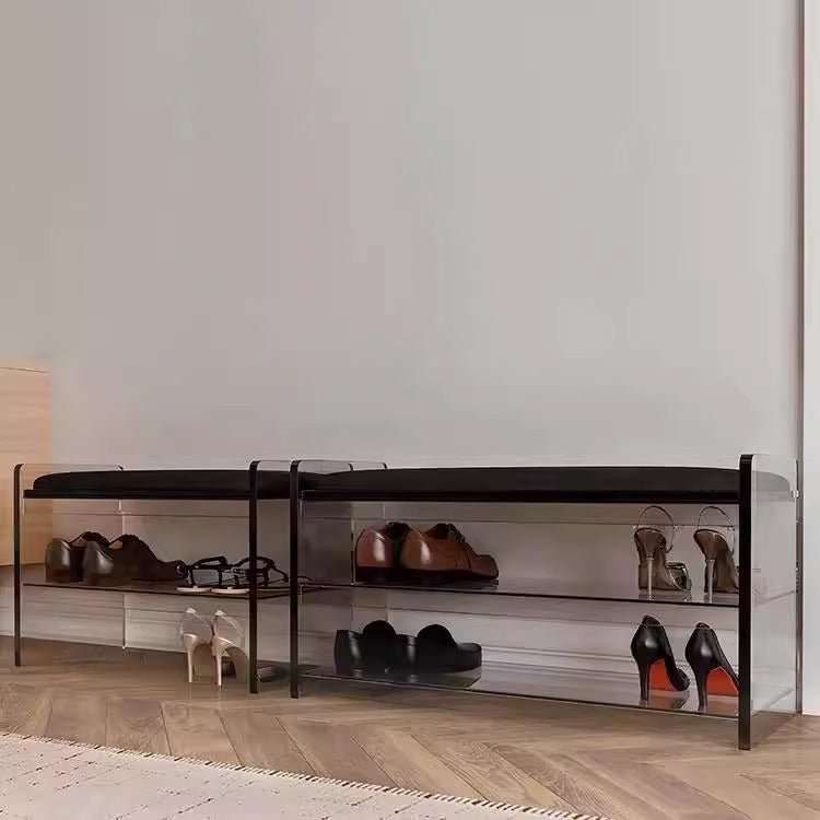 Modern Minimalist Top Grain Leather Acrylic Rounded Rectangular Shoe Bench With 2-Tier For Living Room