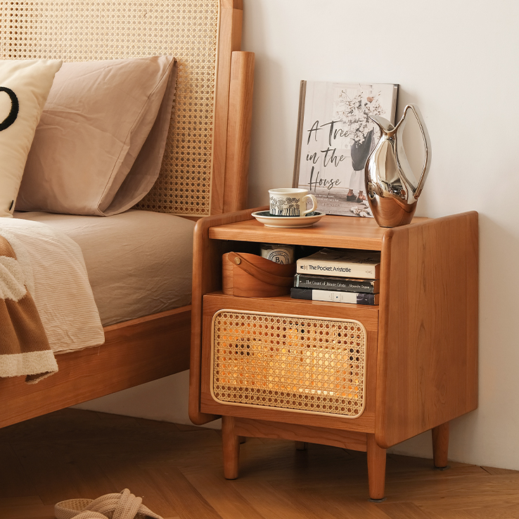 Traditional Chinese Rattan Solid Wood Openwork Nightstand With Drawer For Bedroom