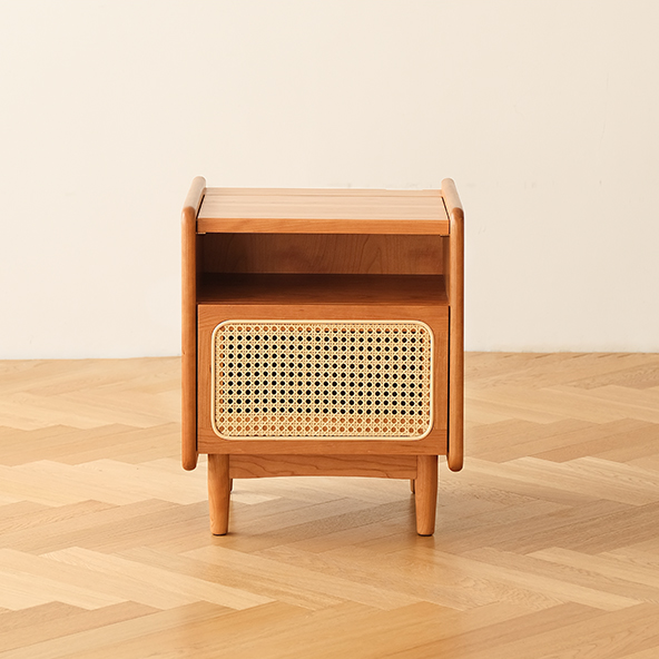 Traditional Chinese Rattan Solid Wood Openwork Nightstand With Drawer For Bedroom