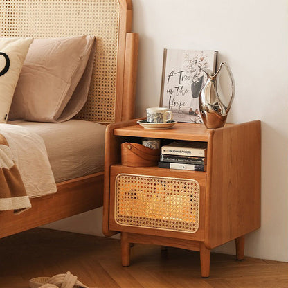 Traditional Chinese Rattan Solid Wood Openwork Nightstand With Drawer For Bedroom