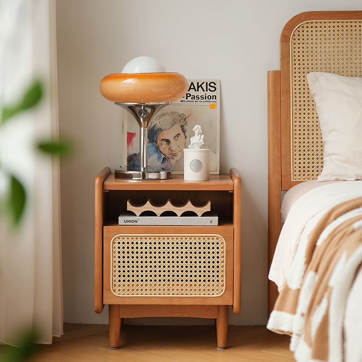 Traditional Chinese Rattan Solid Wood Openwork Nightstand With Drawer For Bedroom