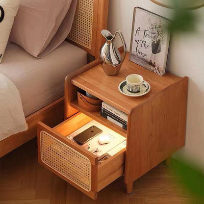 Traditional Chinese Rattan Solid Wood Openwork Nightstand With Drawer For Bedroom