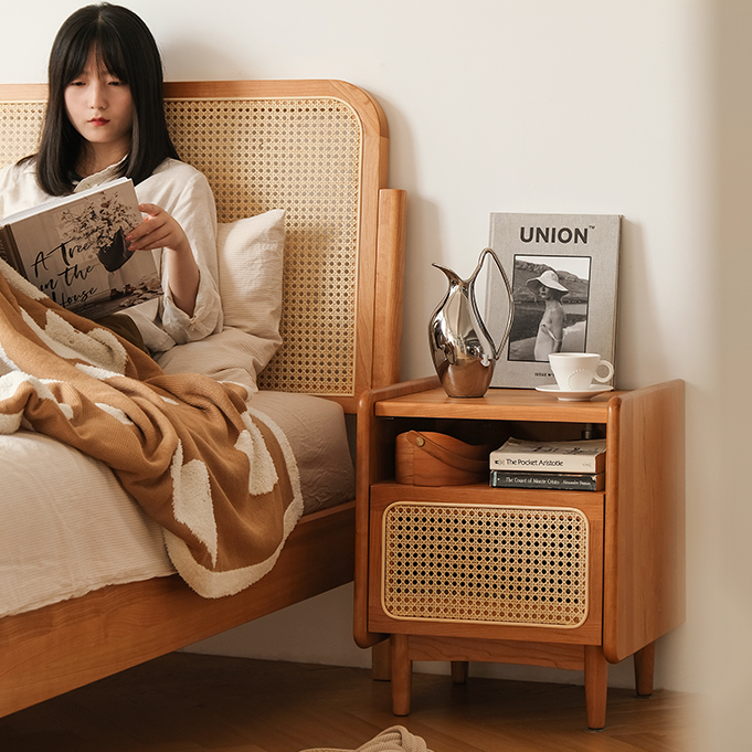 Traditional Chinese Rattan Solid Wood Openwork Nightstand With Drawer For Bedroom
