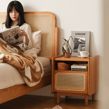 Traditional Chinese Rattan Solid Wood Openwork Nightstand With Drawer For Bedroom