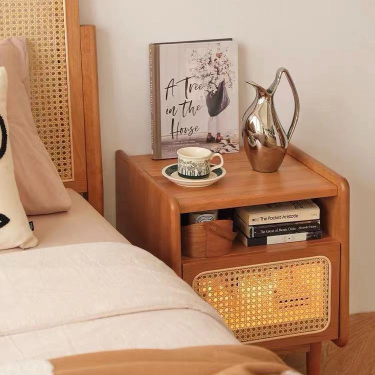 Traditional Chinese Rattan Solid Wood Openwork Nightstand With Drawer For Bedroom