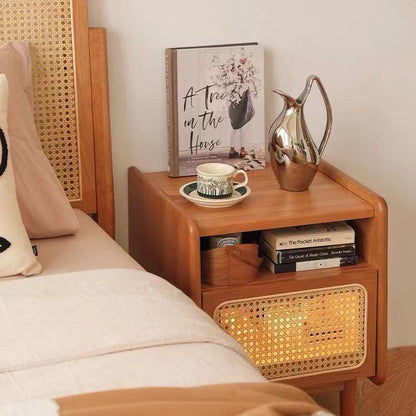 Traditional Chinese Rattan Solid Wood Openwork Nightstand With Drawer For Bedroom