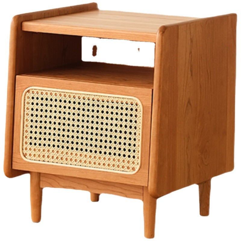 Traditional Chinese Rattan Solid Wood Openwork Nightstand With Drawer For Bedroom