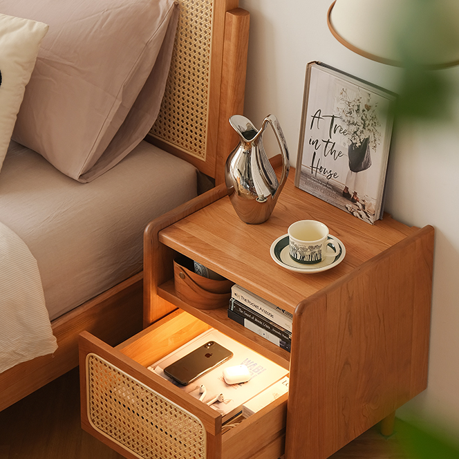 Traditional Chinese Rattan Solid Wood Openwork Nightstand With Drawer For Bedroom