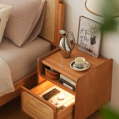 Traditional Chinese Rattan Solid Wood Openwork Nightstand With Drawer For Bedroom