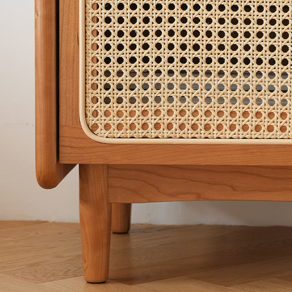 Traditional Chinese Rattan Solid Wood Openwork Nightstand With Drawer For Bedroom