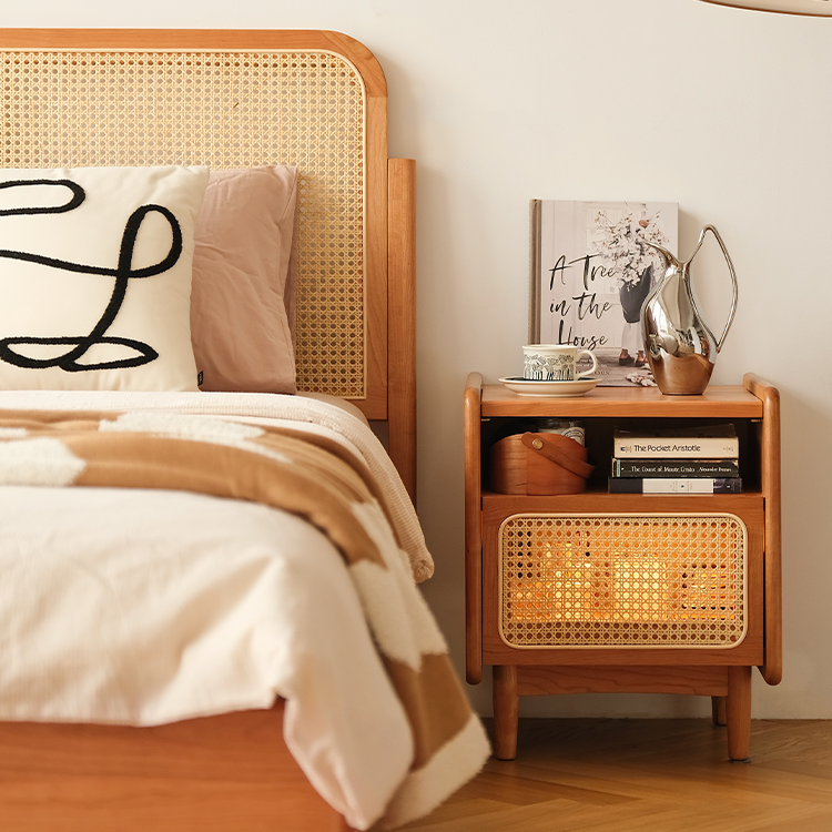 Traditional Chinese Rattan Solid Wood Openwork Nightstand With Drawer For Bedroom