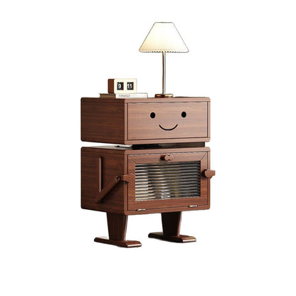 Contemporary Creative Red Oak Wood Glass Metal Robot Side Table Nightstand With Rotating Head For Bedroom