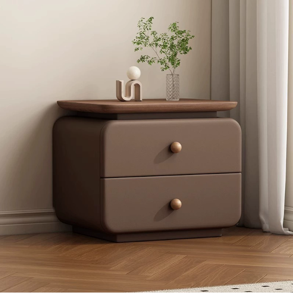 Traditional French Cat-Scratch-Resistant Leather High-Density Fiberboard Rounded Square Bedside Table Nightstand With 2 Drawers For Bedroom