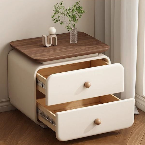 Traditional French Cat-Scratch-Resistant Leather High-Density Fiberboard Rounded Square Bedside Table Nightstand With 2 Drawers For Bedroom