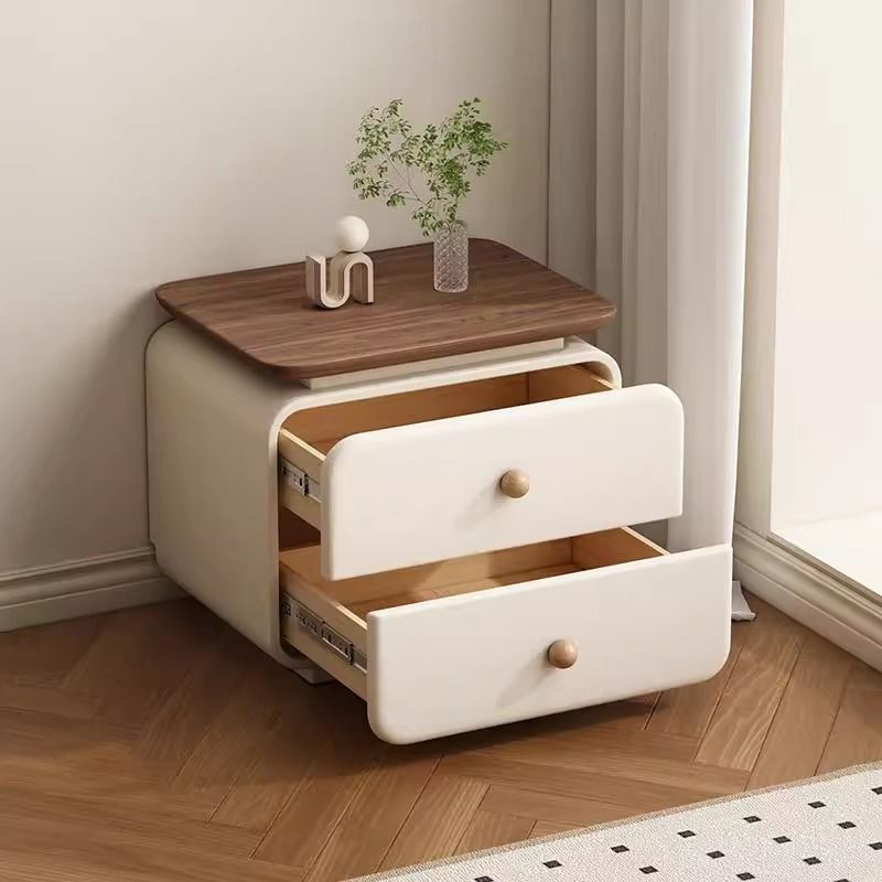 Traditional French Cat-Scratch-Resistant Leather High-Density Fiberboard Rounded Square Bedside Table Nightstand With 2 Drawers For Bedroom