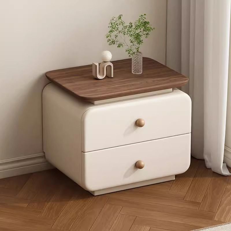 Traditional French Cat-Scratch-Resistant Leather High-Density Fiberboard Rounded Square Bedside Table Nightstand With 2 Drawers For Bedroom
