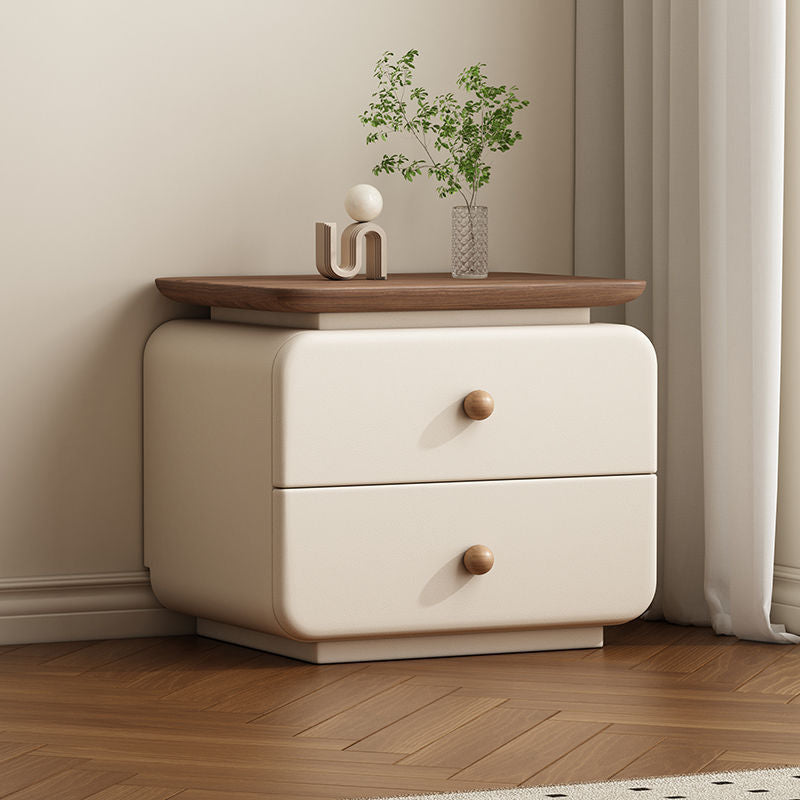 Traditional French Cat-Scratch-Resistant Leather High-Density Fiberboard Rounded Square Bedside Table Nightstand With 2 Drawers For Bedroom
