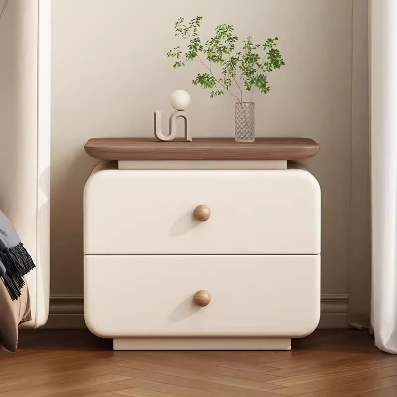 Traditional French Cat-Scratch-Resistant Leather High-Density Fiberboard Rounded Square Bedside Table Nightstand With 2 Drawers For Bedroom