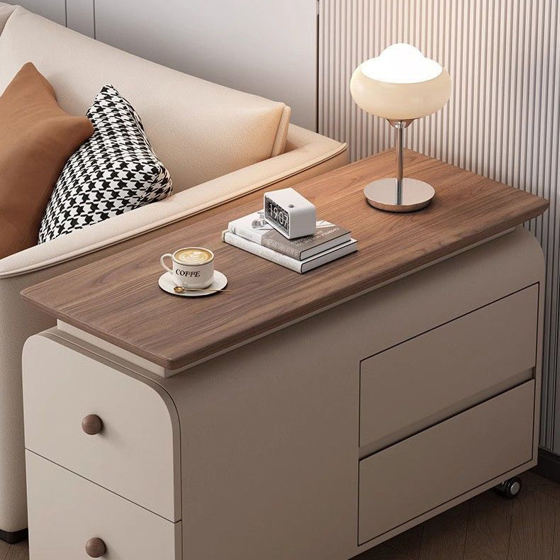Contemporary Scandinavian Cat-Scratch-Resistant Leather Solid Wood Rounded Side Table With 4 Drawers For Living Room