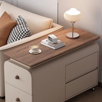 Contemporary Scandinavian Cat-Scratch-Resistant Leather Solid Wood Rounded Side Table With 4 Drawers For Living Room