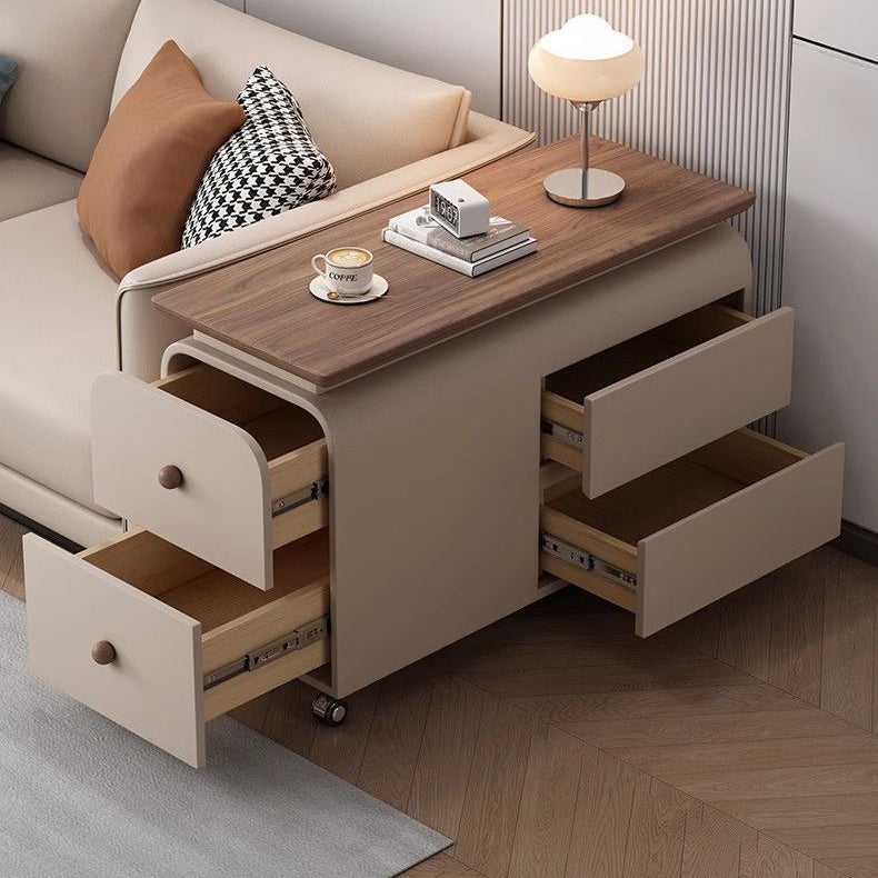 Contemporary Scandinavian Cat-Scratch-Resistant Leather Solid Wood Rounded Side Table With 4 Drawers For Living Room