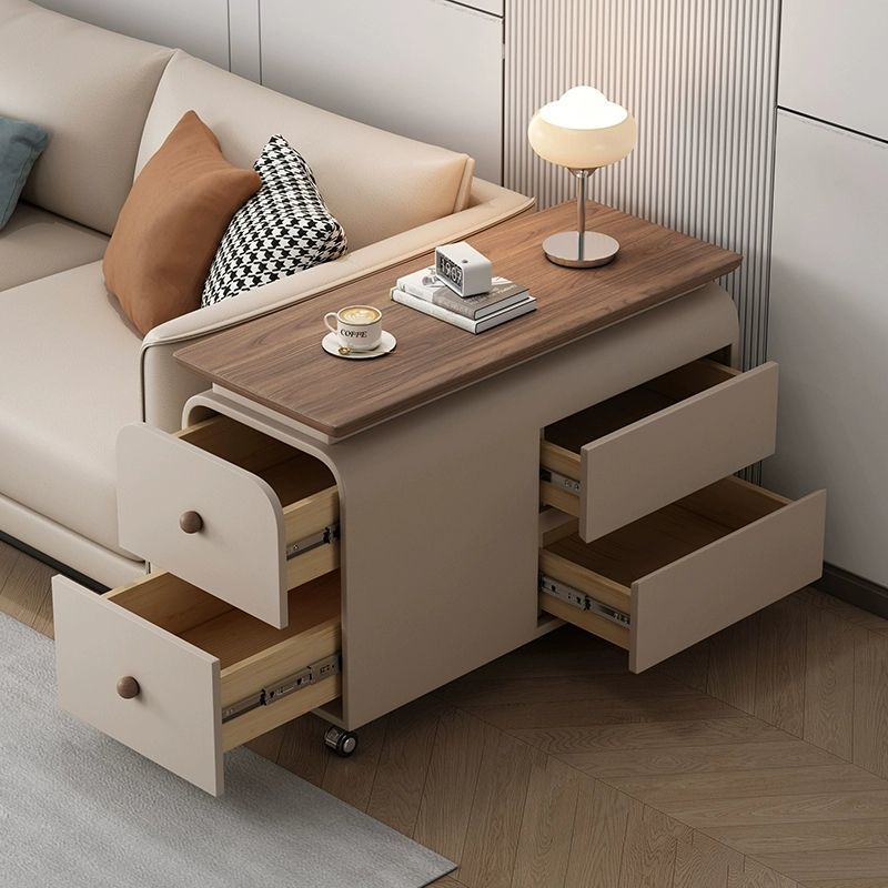 Contemporary Scandinavian Cat-Scratch-Resistant Leather Solid Wood Rounded Side Table With 4 Drawers For Living Room