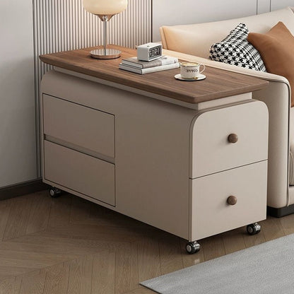 Contemporary Scandinavian Cat-Scratch-Resistant Leather Solid Wood Rounded Side Table With 4 Drawers For Living Room