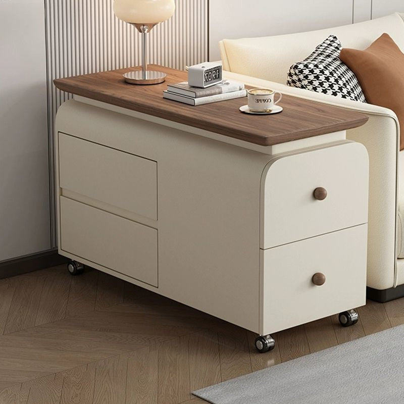Contemporary Scandinavian Cat-Scratch-Resistant Leather Solid Wood Rounded Side Table With 4 Drawers For Living Room