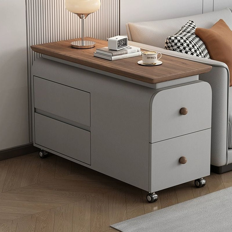 Contemporary Scandinavian Cat-Scratch-Resistant Leather Solid Wood Rounded Side Table With 4 Drawers For Living Room