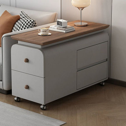 Contemporary Scandinavian Cat-Scratch-Resistant Leather Solid Wood Rounded Side Table With 4 Drawers For Living Room