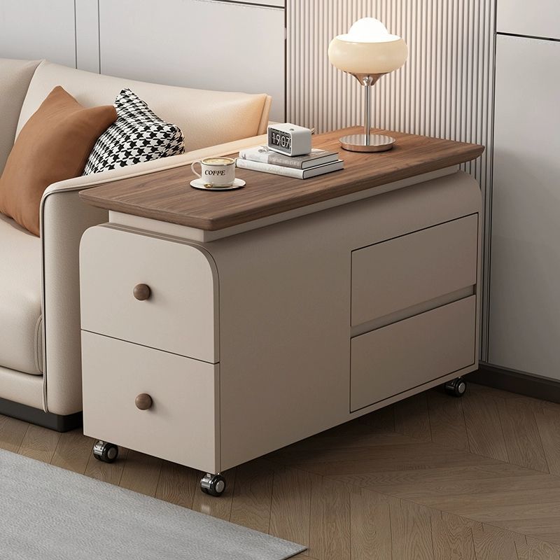 Contemporary Scandinavian Cat-Scratch-Resistant Leather Solid Wood Rounded Side Table With 4 Drawers For Living Room
