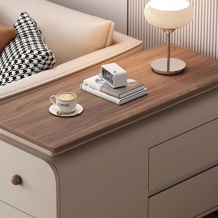 Contemporary Scandinavian Cat-Scratch-Resistant Leather Solid Wood Rounded Side Table With 4 Drawers For Living Room