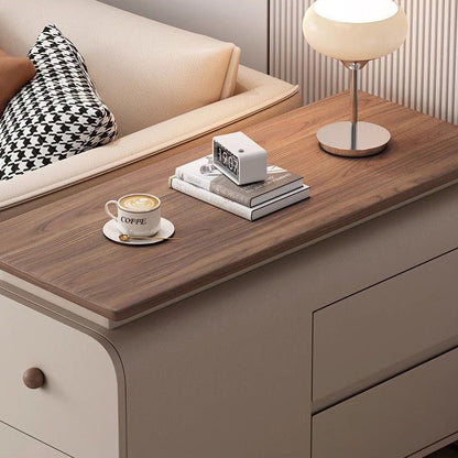 Contemporary Scandinavian Cat-Scratch-Resistant Leather Solid Wood Rounded Side Table With 4 Drawers For Living Room