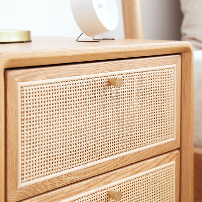 Traditional Chinese Pine Wood & Rattan Rounded Square Nightstand With 2 Drawers For Bedroom