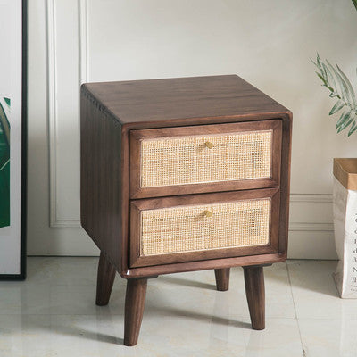 Traditional Chinese Pine Wood & Rattan Rounded Square Nightstand With 2 Drawers For Bedroom
