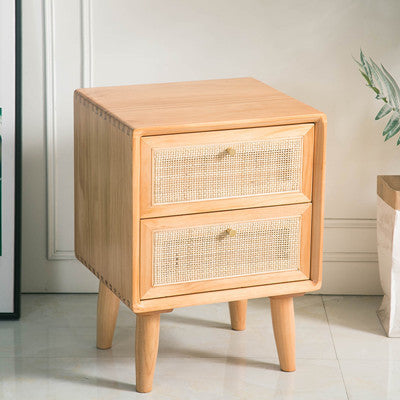 Traditional Chinese Pine Wood & Rattan Rounded Square Nightstand With 2 Drawers For Bedroom