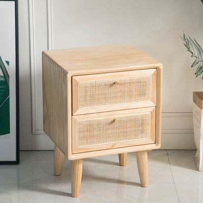 Traditional Chinese Pine Wood & Rattan Rounded Square Nightstand With 2 Drawers For Bedroom