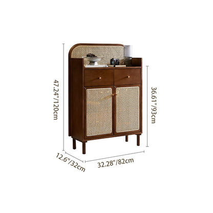 Traditional Chinese Solid Wood Plywood Ash Wood Rattan Curved Side Table With 2 Drawers For Living Room