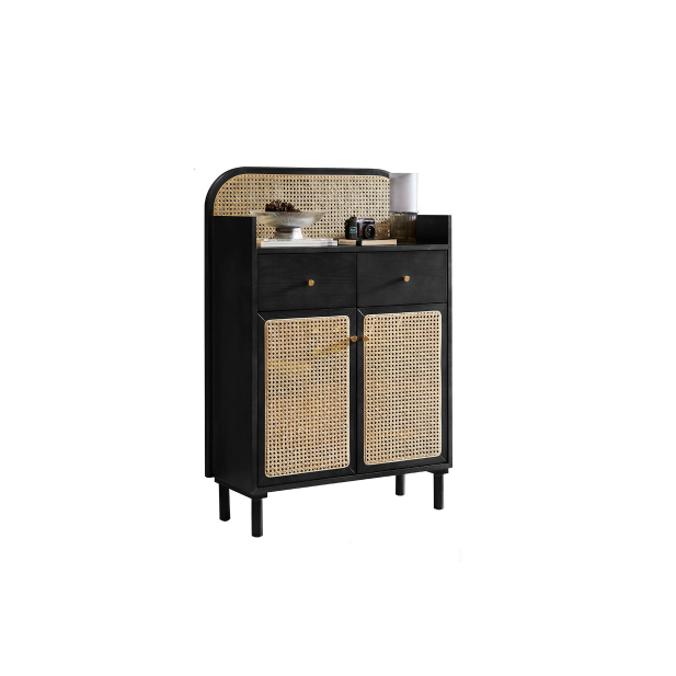 Traditional Chinese Solid Wood Plywood Ash Wood Rattan Curved Side Table With 2 Drawers For Living Room