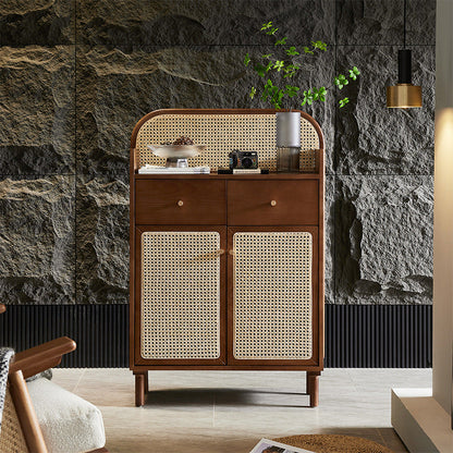 Traditional Chinese Solid Wood Plywood Ash Wood Rattan Curved Side Table With 2 Drawers For Living Room